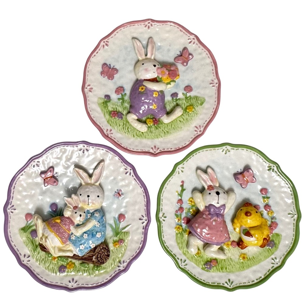 Set of 3 3-D Easter Bunny Rabbit Plates Spring Figurines Butterflies Flowers